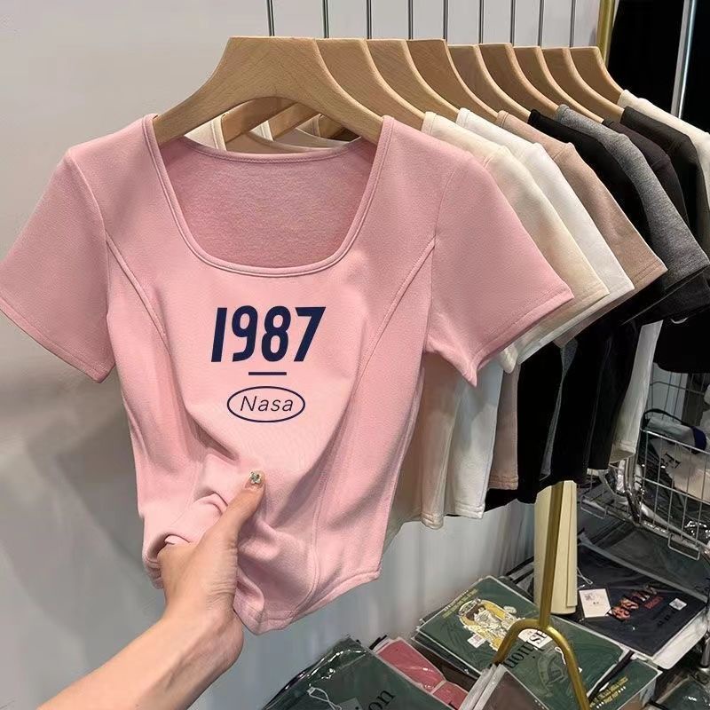 Áo Thun Cotton Nguyên Chất Cổ Vuông Ngắn Tay Ôm Dáng Viền Cong Thiết Kế Xương Cá Hợp Thời Trang Cho Nữ