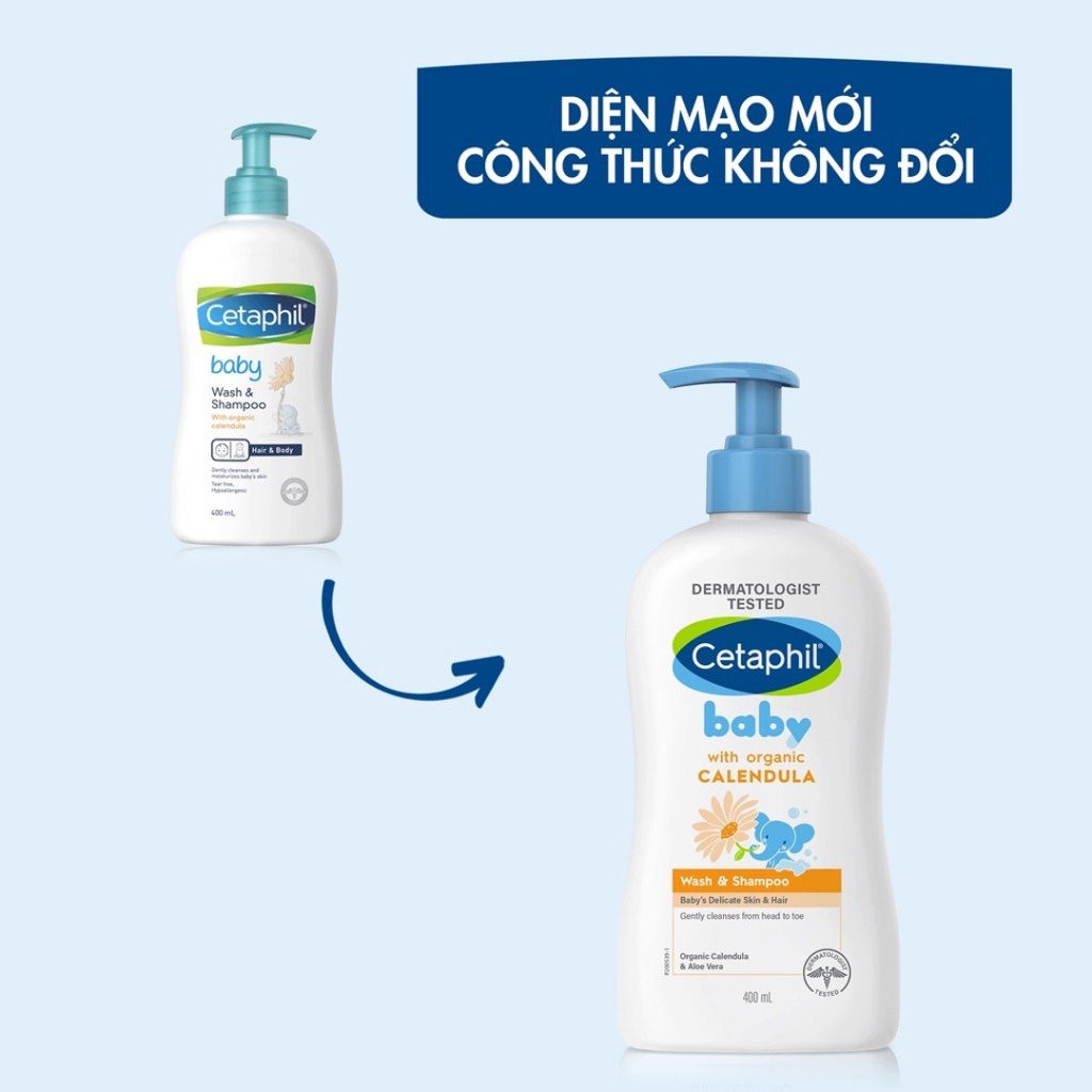 Sữa Tắm Gội Cho Bé Cetaphil Baby Wash & Shampoo - Sữa Tắm Em Bé Tibong Store Với Hoa Cúc Hữu Cơ Organic Calendula 400ml