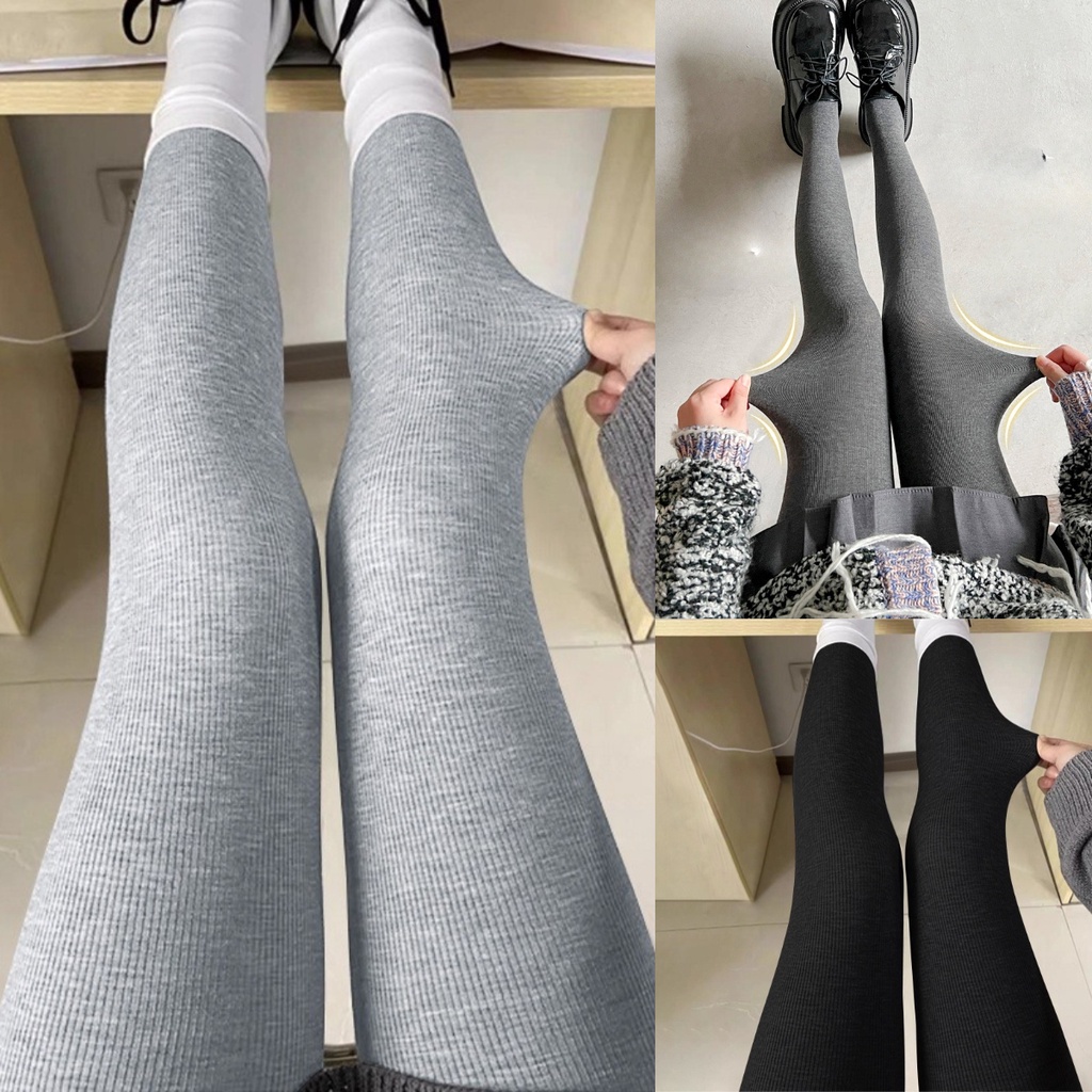Quần Tất Cotton Dày Ôm Chân Họa Tiết Kẻ Sọc Dọc Màu Xám Thời Trang Xuân Thu Cho Nữ
