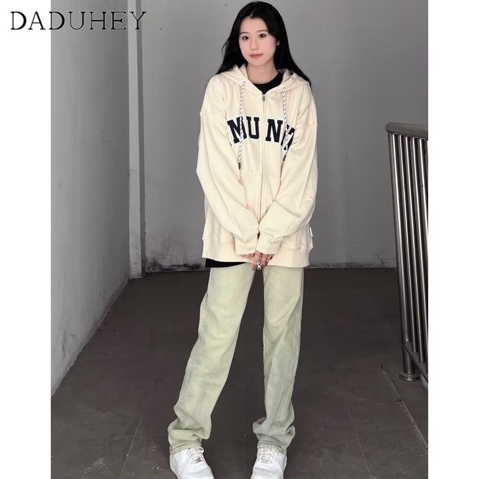 Ảnh DaDuHey New American Style Ins High Street Retro Yellow Mud Jeans Niche High Waisted Straight Leg Pants 2