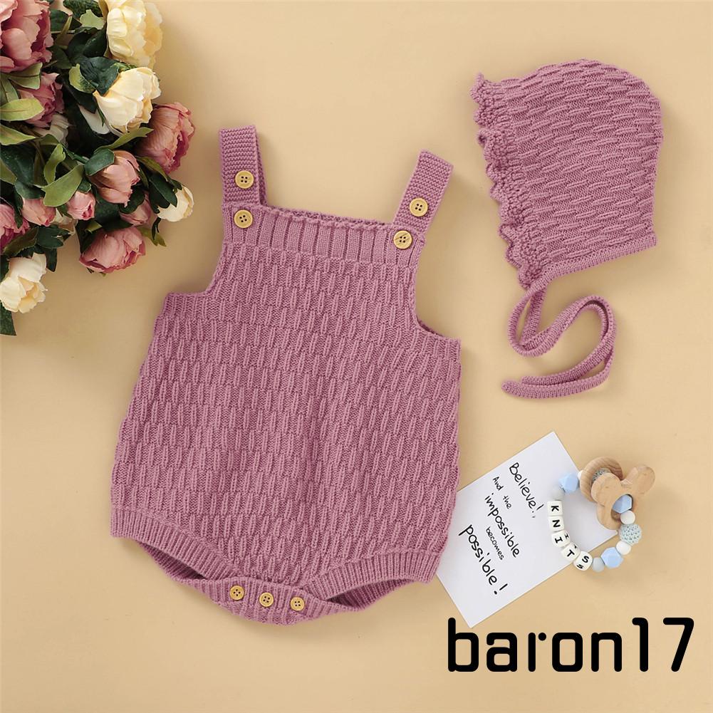 Set đồ 2 món gồm áo liền quần dệt kim cài khuy + mũ thun màu trơn cho bé