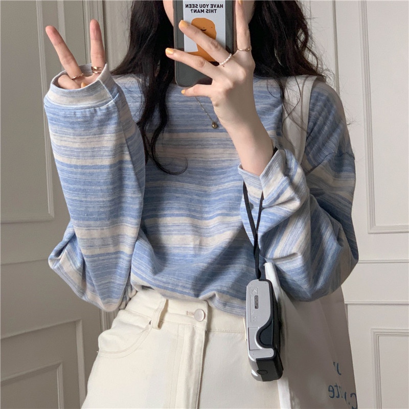 SUXI Áo Thun Dài Tay Cổ Tròn Họa Tiết Kẻ Sọc Đơn Giản Thời Trang Thu Đông Phong Cách Hàn Quốc Cho Nữ