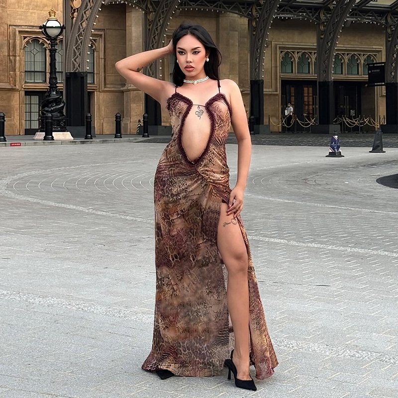 Klalien Bên Chia Đầm Nữ Spaghetti Dây Cổ Ăn Được Cây Nấm Rỗng Ra Gợi Cảm Dạ Hội Nữ Vestido