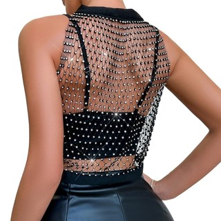 Hum Nữ Không Tay Lưới Kim Cương Giả Crop Tops Bãi Biển Mùa Hè Che Phủ Câu Lạc Bộ Đảng Sáng Nhìn Xuyên Qua Fishnet Xe Tăng Top