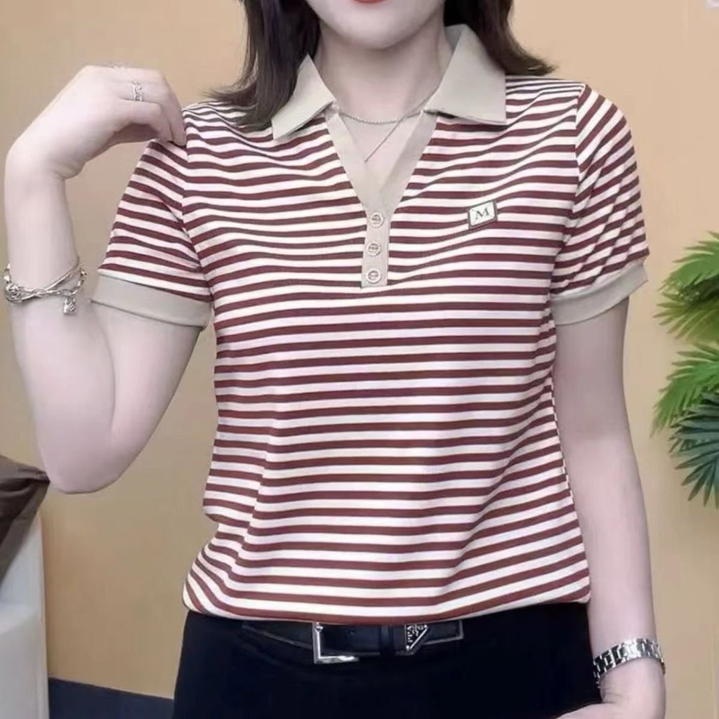 Áo thun nữ tay ngắn có ve áo sọc ngắn mùa hè mới