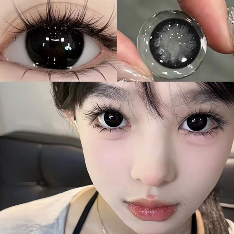 Set 2 Kính Áp Tròng Màu Đen contact lenses 0 ~ -8.00 black len 14.2mm lens cận lens nâu bean black 13