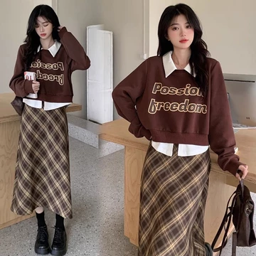 【Bess's house】áo sweater nỉ+chân chữ a，áo sweater,váy nữ sang chảnh,set váy nữ，bộ váy nữ，áo thu đông nữ，Set Áo Len Dài Tay + Chân Caro Thời Trang Nữ,set thu đông nữ,đồ thu đông nữ, quần áo nữ, đồ nu
