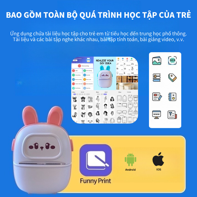 Máy In Nhiệt Mini Bluetooth - Dễ Sử Dụng, Thiết Kế Đáng Yêu, Hỗ Trợ Kết Nối Bluetooth, In Hóa Đơn, Tài Liệu, Ảnh