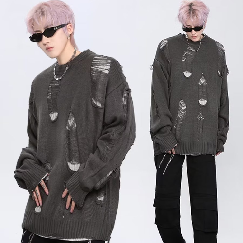 Áo len rách nam áo len lỗ Áo sweater Giả Hai Lớp Rách Dài Tay Thời ...