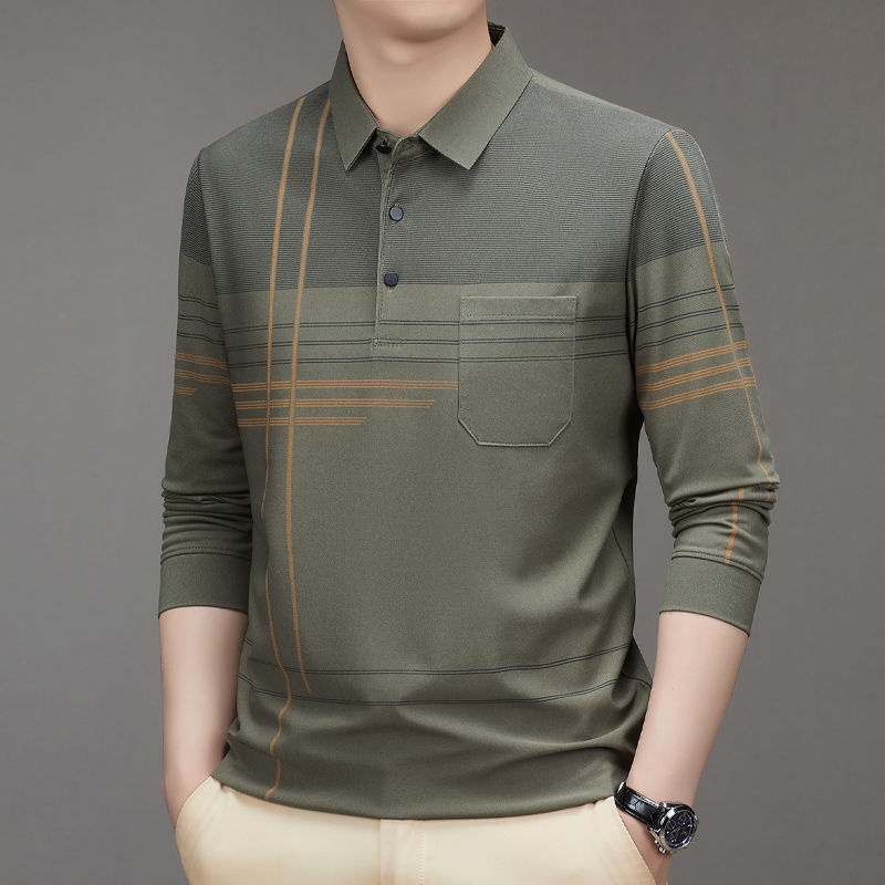 Áo Thun POLO Cotton Tay Dài Dáng Rộng Phối Túi Thời Trang Xuân Thu Cho Nam Trung Niên