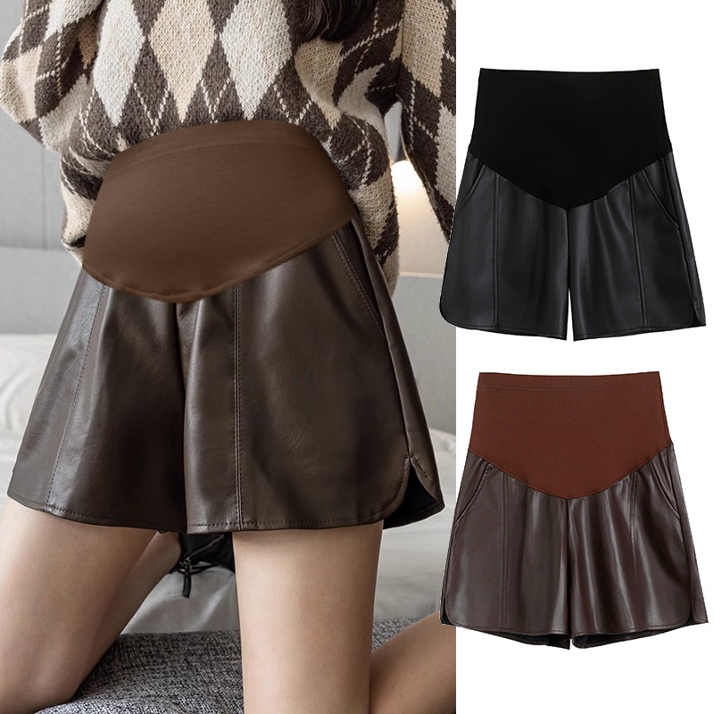 Quần Short Da Ống Rộng Lưng Cao Nâng Bụng Thời Trang Thu Đông Cho Mẹ Bầu
