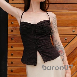 Phụ Nữ Camisole Spaghetti Dây Không Tay Ruched Rỗng Móc Hoa Nút Mỏng Áo Bể Áo