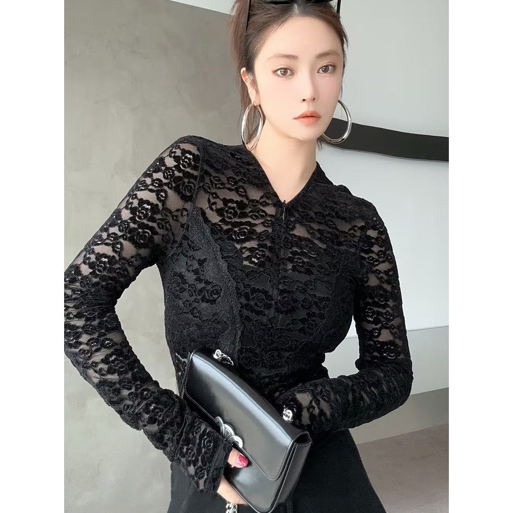 Milyfashion Mùa Đông Phong Cách Mới Phiên Bản Hàn Quốc Niche Tính Khí Cổ Chữ V Áo Chui Đầu Hot Girl Phong Cách Gợi Cảm Rỗng Một Mảnh Ren Top