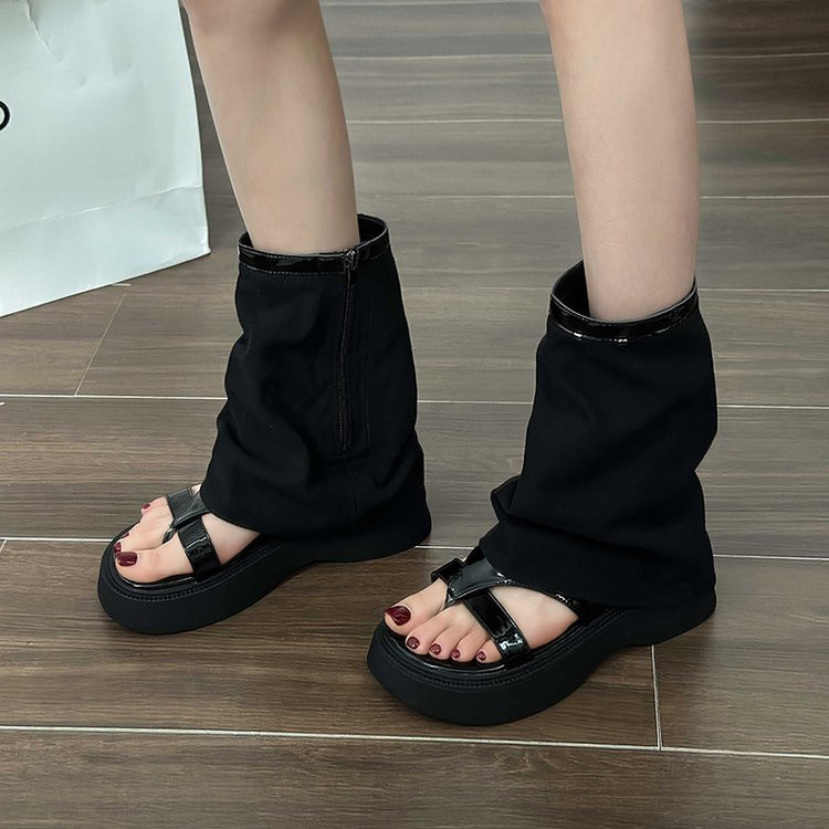 Dép sandal cao cổ vải canvas phong cách Y2K mới của Hàn Quốc, dép Roman, gót vừa, đế dày, mũi nhọn, có khóa kéo, dép Ulzzang đa năng, chống trượt, bền, cho kỳ nghỉ hè, sinh viên