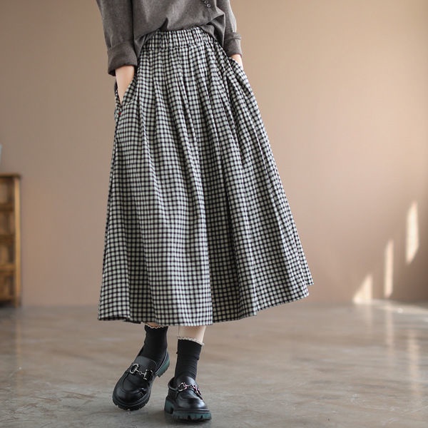 Plus Size Váy Nữ Mới Retro Túi Chữ A Co Giãn Eo Kẻ Sọc