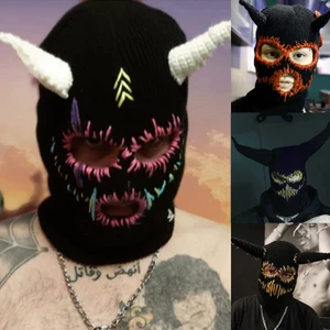 Mya Devil Horns Beanie Mũ Đan Halloween Ấm Áp Mùa Đông Mũ Sewed Miệng Sẹo Thiết Kế