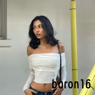 Áo Croptop Trễ Vai Tay Dài Màu Trơn Thời Trang Cho Nữ