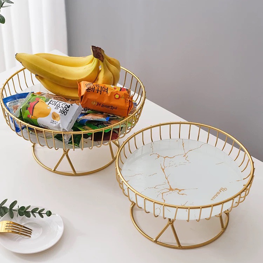 Khay Đựng Trái Cây Để Bàn Khung Sắt Mạ Vàng – Mặt Kính Vân Đá Cẩm Thạch Decor Bàn Bếp, Phòng Khách