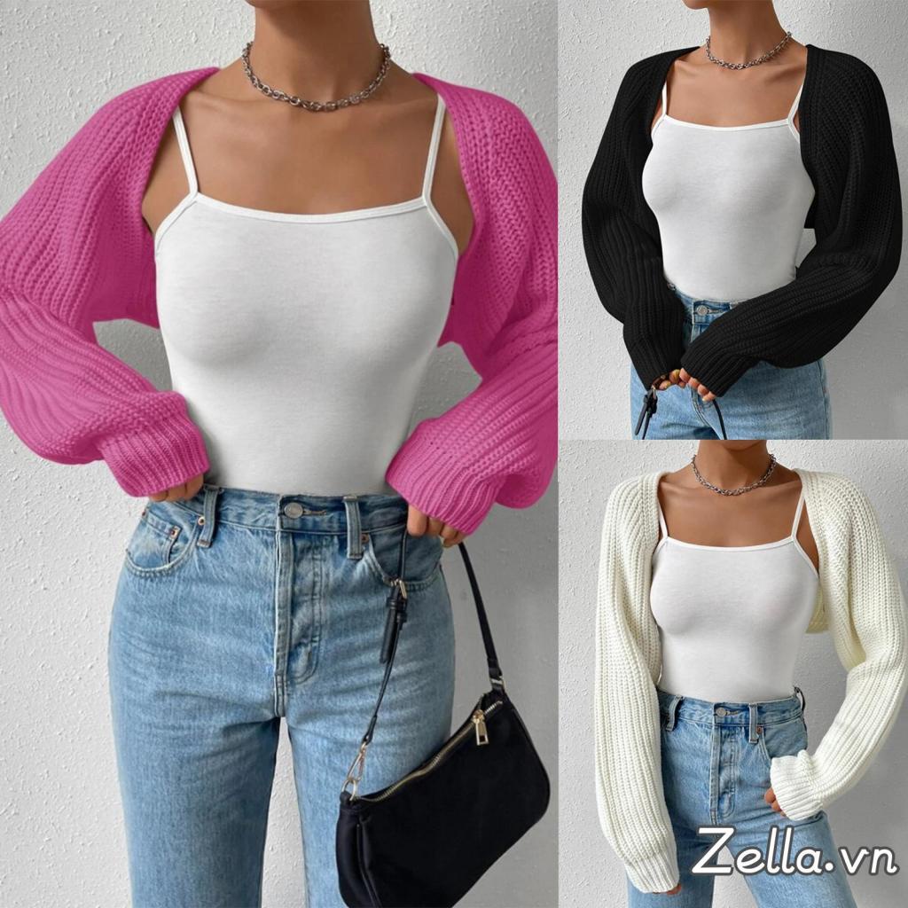 Áo len Cardigan crop phía trước mở rộng dành cho nữ dài tay màu trơn có gân đan nhún vai Áo len Bolero Áo dạo phố