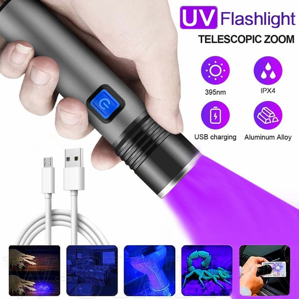Đèn Pin UV 3 Chế Độ Sáng 395 / 365nm Bằng Hợp Kim Chống Nước Có Thể Sạc Lại Bằng Cổng USB Màu Đen Dành Cho Thú Cưng