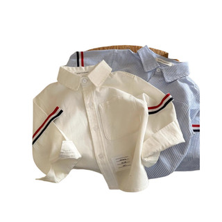 Trẻ Em 2025 Xuân Thu Phong Cách Bé Trai Đường Phố Webbing Áo Sơ Mi Thời Trang Cho Bé Sọc Bỏ Túi Áo Top Quần Áo