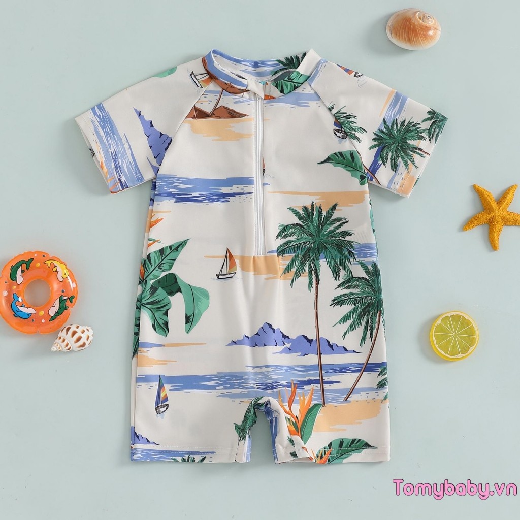Đồ bơi tập đi In hình cá mập ngắn tay Mock cổ Zip Up Rash Guard Bộ đồ tắm cho bé trai bé gái