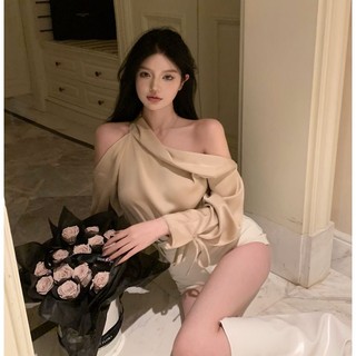 Áo Sơ Mi Vải satin Cao Cấp Tay Dài Trễ Vai Phong Cách Pháp Thời Trang Mùa Xuân Cho Nữ