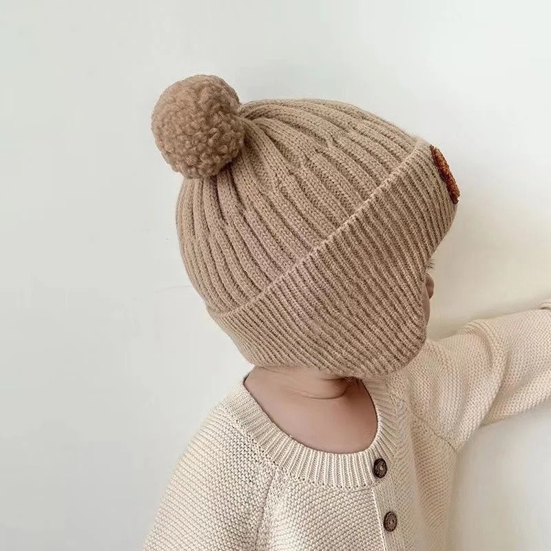 Mũ beanie Dệt Kim Màu Trơn Giữ Ấm Tai Gấu Hoạt Hình Dễ Thương Phong Cách Hàn Quốc Cho Bé Trai / Bé Gái