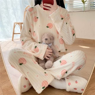 Bộ đồ ngủ màu đào dễ thương Bộ đồ ngủ nhung dày dặn và ấm áp Quần áo nữ mùa thu đông