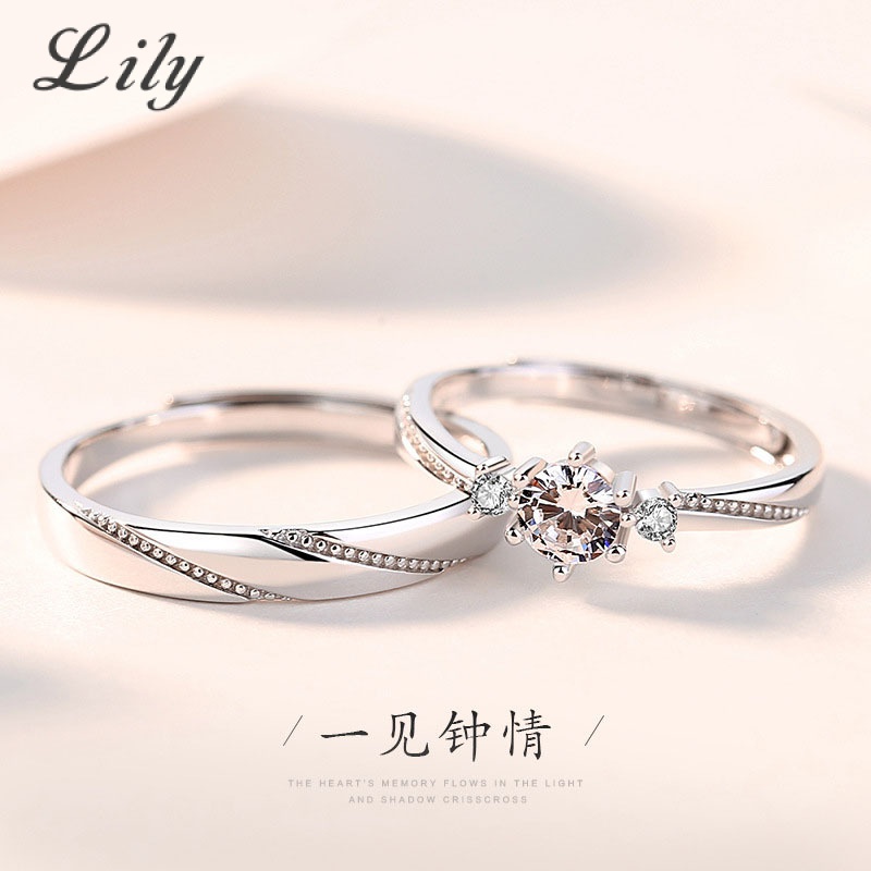 S925 Bạc Tình Yêu Ở Lần Nhìn Đầu Tiên Nhẫn Cặp Đôi Kim Cương Nam Nữ Nhẫn Cặp Đôi Quà Tặng Ngày Lễ Tình Nhân