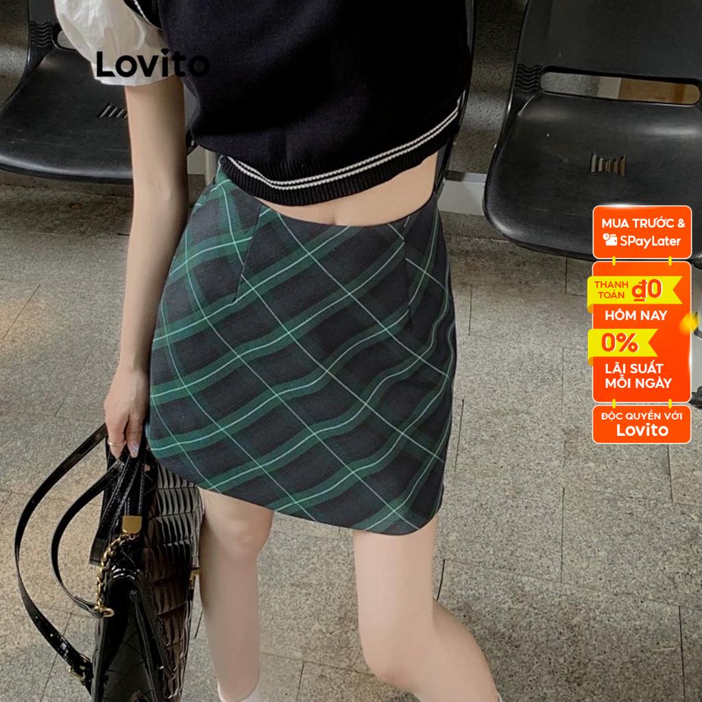 Chân váy Lovito họa tiết kẻ sọc có dây kéo phong cách preppy dành cho nữ L53AD085 xanh dương spe