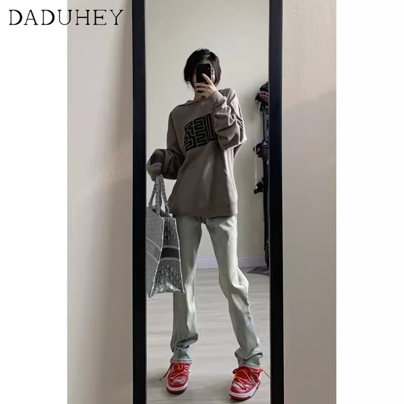 Ảnh Quần jeans DADUHEY lưng cao phối màu vàng đất phong cách đường phố Mỹ cổ điển cao cấp cỡ lớn 4