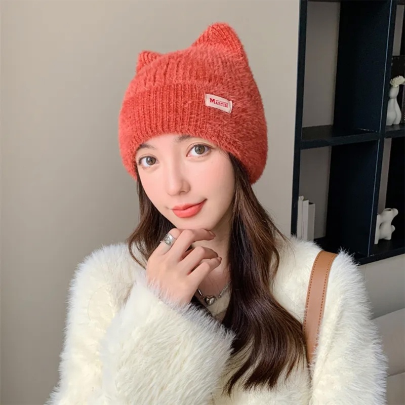 Woke Handmade Móc Beanie Mũ Nữ Y2K Đan Tai Mèo Mũ Mùa Đông Thu Đông Mũ Màu Trơn Cô Gái Ngọt Ngào Chống Gió Bon