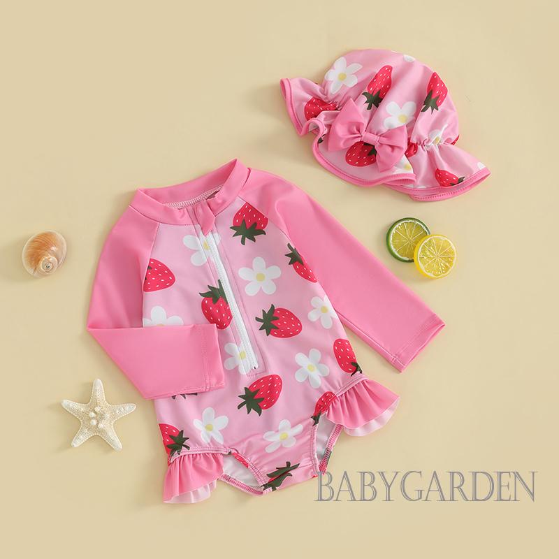 Bộ Đồ Bơi Một Mảnh Họa Tiết Dâu Tây / Nàng Tiên Cá / Hoa Kèm Mũ Xinh Xắn Cho Bé Gái