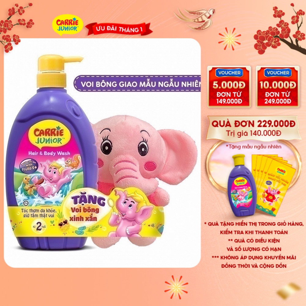 Sữa Tắm Gội Cho Bé Carrie Junior Hương Cherry 700g + Voi Bông (màu Ngẫu ...