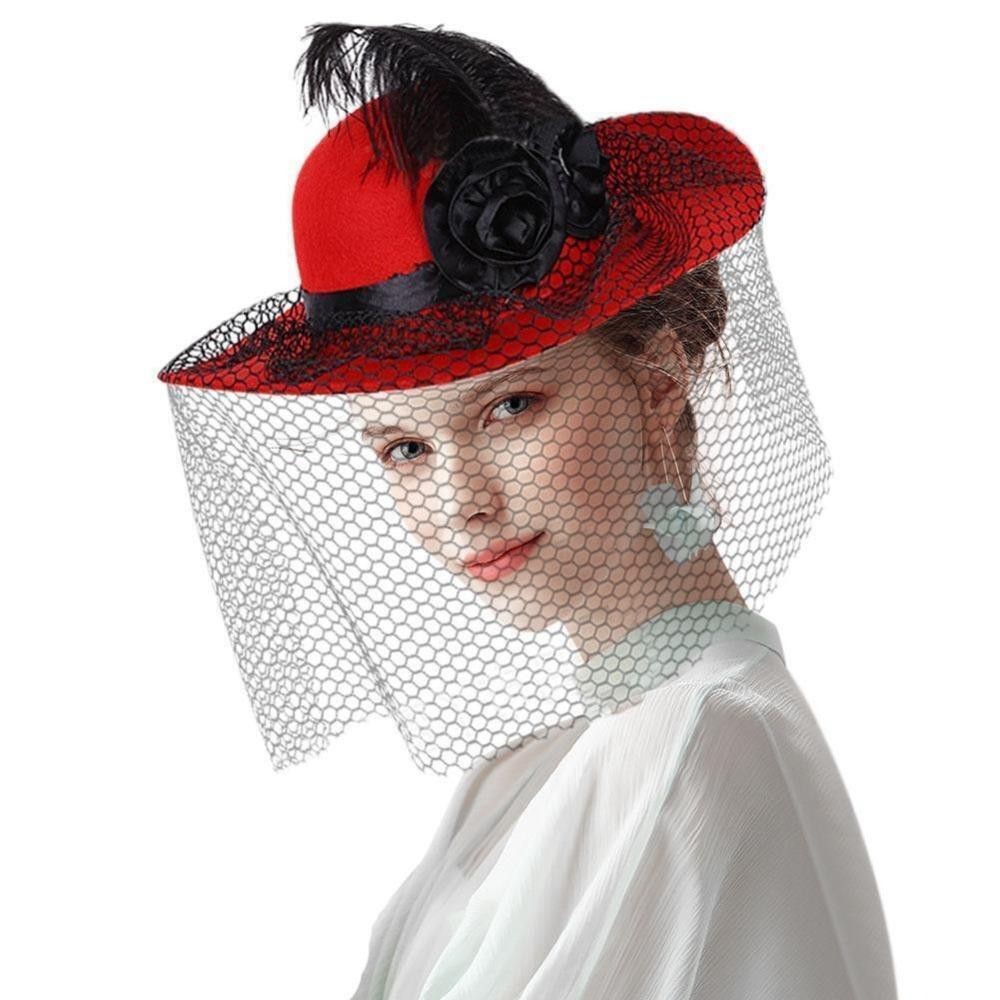 Mũ lưới Sombrero MERIGGIARE, Vintage với mũ che mặt hoa, Tiệc trà Cocktail Fedoras nỉ