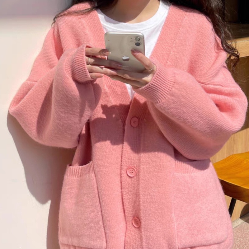 Áo Khoác cardigan Dệt Kim Dáng Rộng Cổ Chữ v Thời Trang Thu Đông Hàn Quốc Mới áo sweater áo len nữ