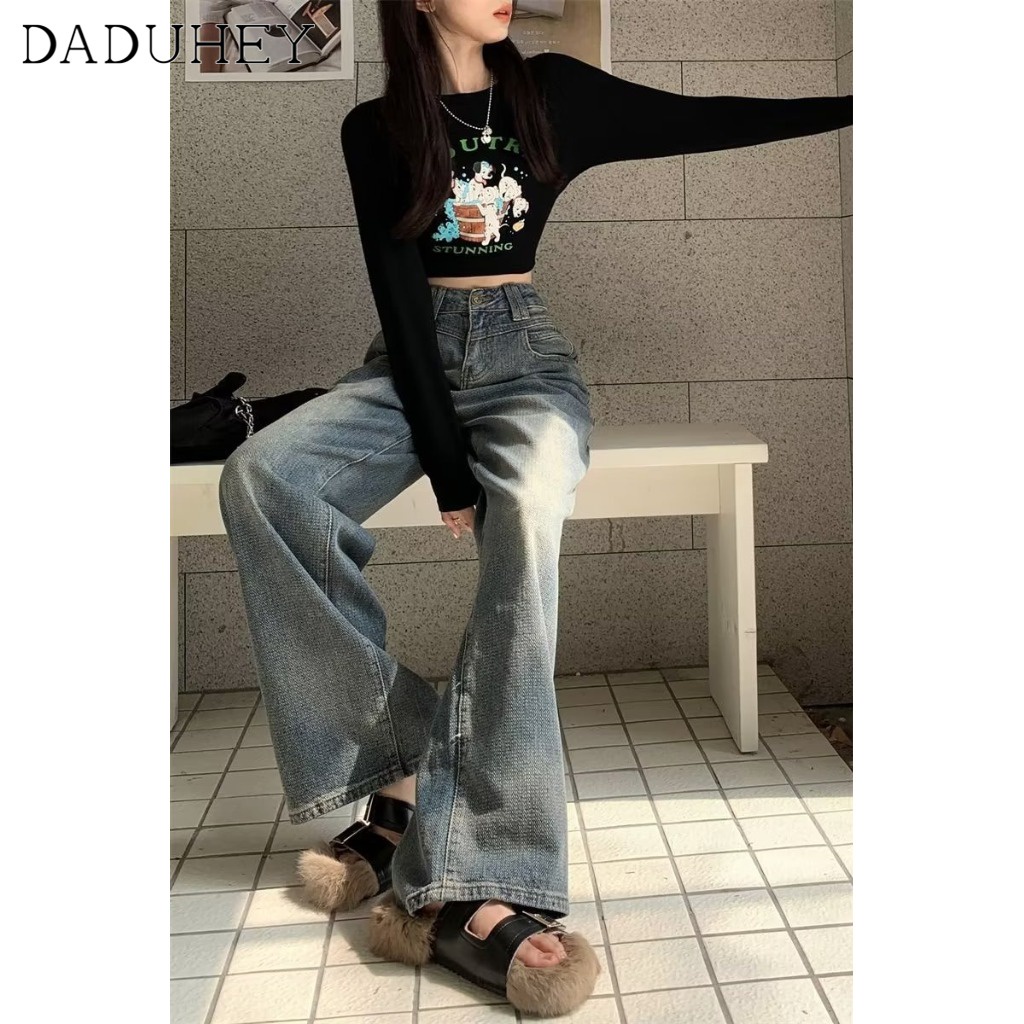 Ảnh DaDuHey New American Ins High Street Retro Distressed Jeans Niche High Waist Wide Leg Pants plus Size Trousers 4