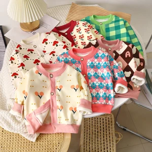Phong Cách Mới Trẻ Em Tất Cả Trận Đấu Áo Khoác Dệt Kim Bé Trai Bé Gái Ấm Áp Cardigan Dày Bên Ngoài Mặc Áo Len