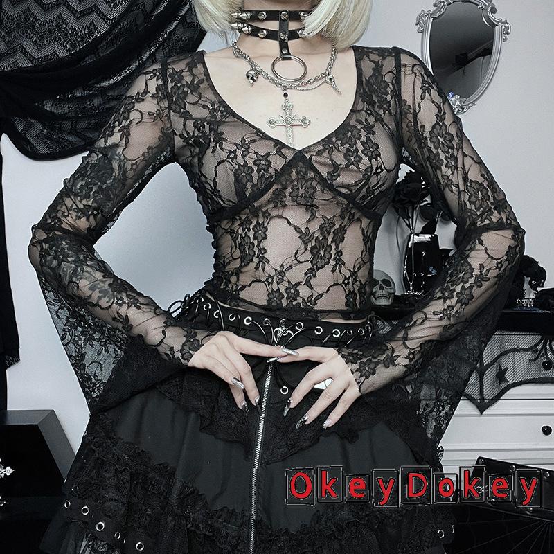 Áo Crop Top Ren Xuyên Thấu Cổ V Dài Tay Thời Trang Đường Phố Cá Tính Dành Cho Nữ Odokey