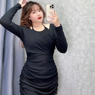 Đầm ôm body thời trang bigsize nữ trễ vai tay dài cổ yếm phối dây rút lên phom tôn dáng vải thun gân sang trọng G224