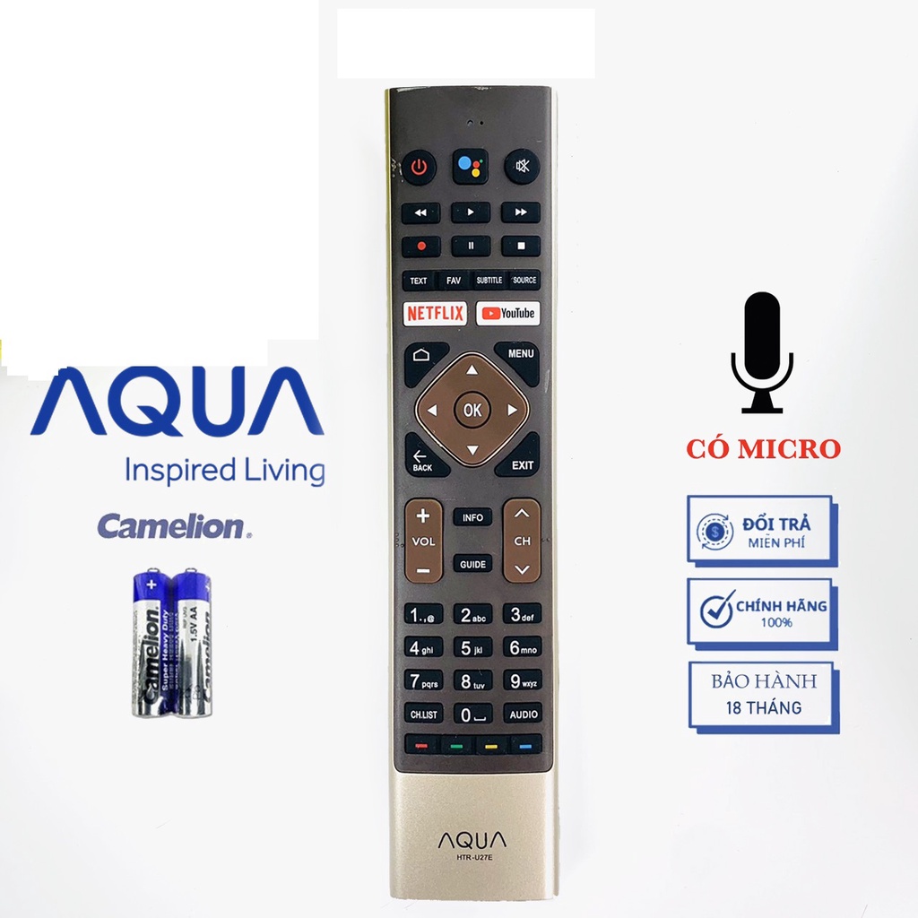 Điều khiển remote từ xa dùng cho tivi aqua HTR-U27E có giọng nói hàng chính hãng - tặng pin