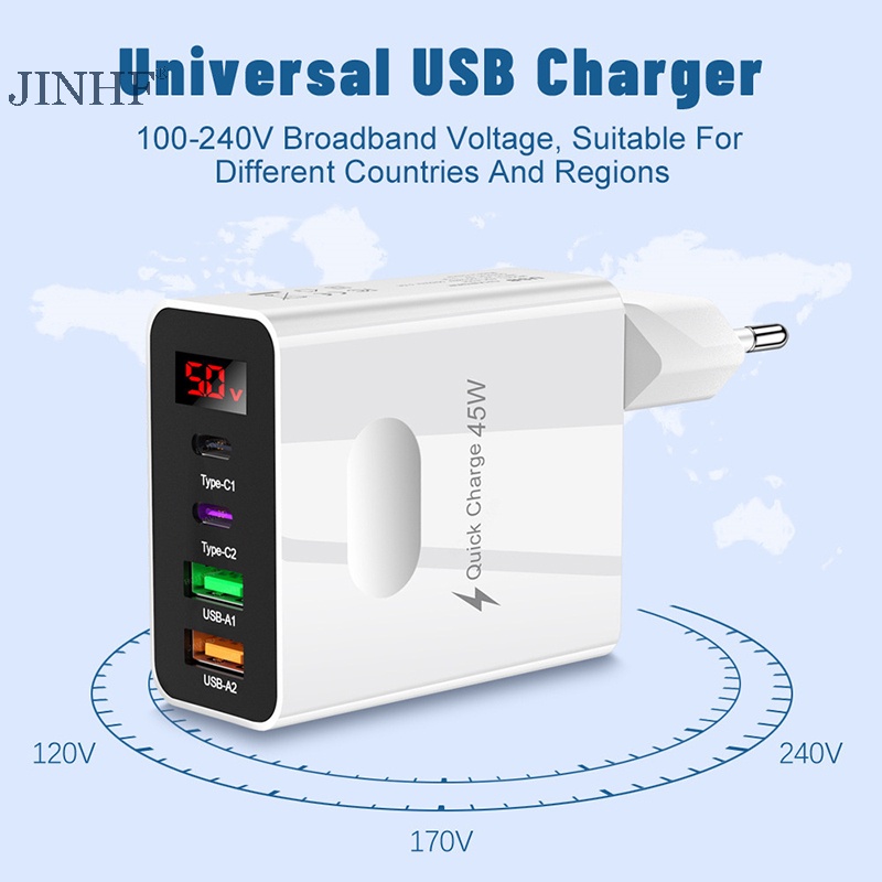 JINHF 45W PD USB Type C 4 Cổng Sạc Nhanh 3.0 Cho 14 13 Pro Oneplus Điện Thoại Di Động Treo Tường Bộ Chuyển Đổi HOT