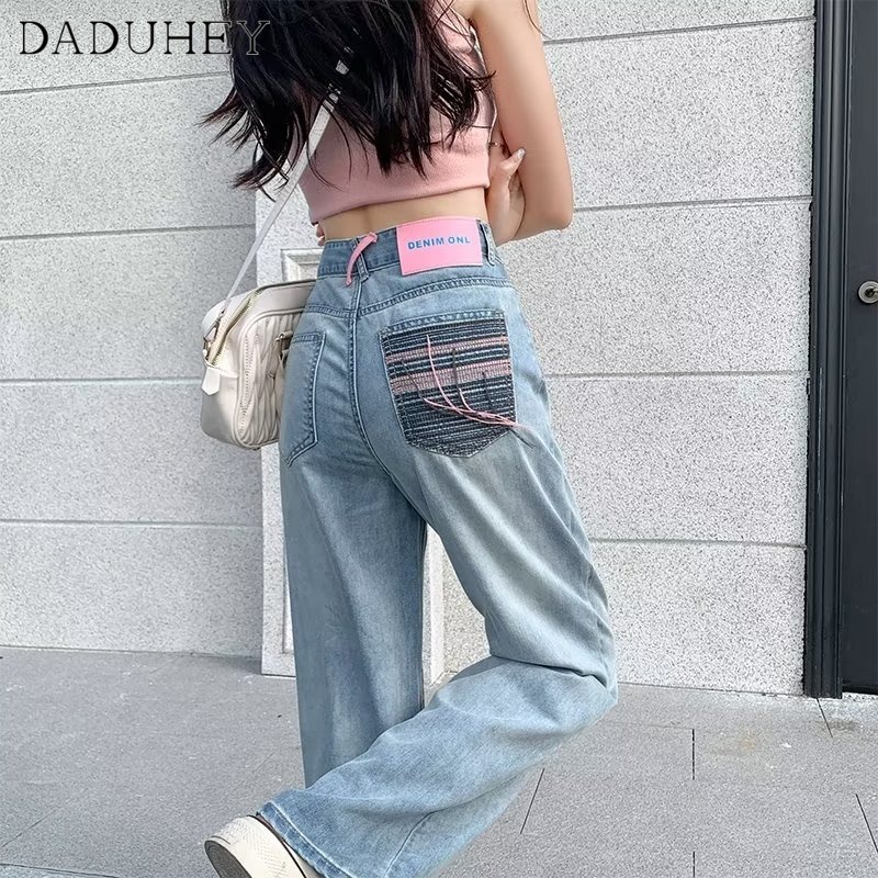 Ảnh Quần jean rách DADUHEY dáng dài size lớn ống rộng thoải mái cạp cao màu nhạt thời trang kiểu Mỹ cho nữ 2