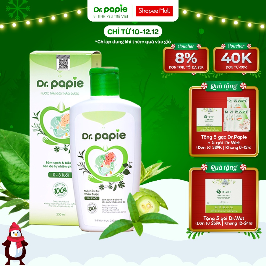 🆗.(Đã bán 13,4k) Nước Tắm Thảo Dược Dr Papie Giúp Giảm Mẩn Ngứa Và Rôm Sảy, Hỗ Trợ Làm Sạch, Mát Da Bé - Chai 230ml