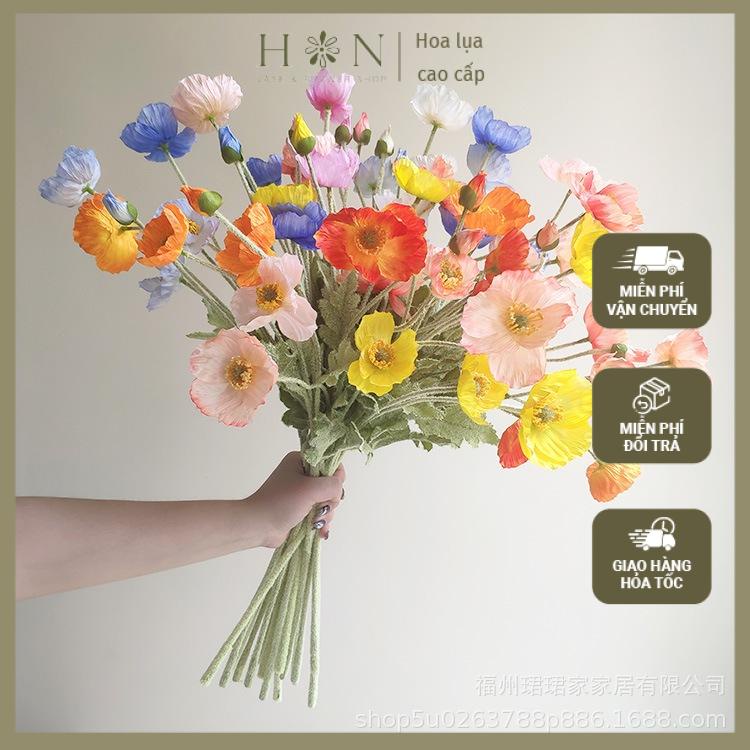 Hoa giả, hoa lụa - Hoa poppy giả cành 3 bông 1 nụ thân phủ lông loại 1 ...