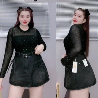 Áo thun nhũ lưới Nhỏ Clothing Bigsize nữ cao cấp tay dài kèm áo quây co giãn croptop đen quý phái quyến rũ trẻtrung G235