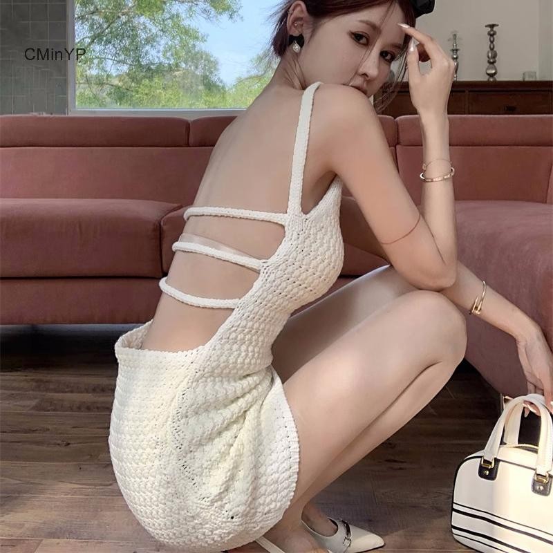 Cminyp Váy hở lưng nữ dệt kim phong cách Hàn Quốc Hotsweet Sang trọng Vỏ váy Mini vinh quang