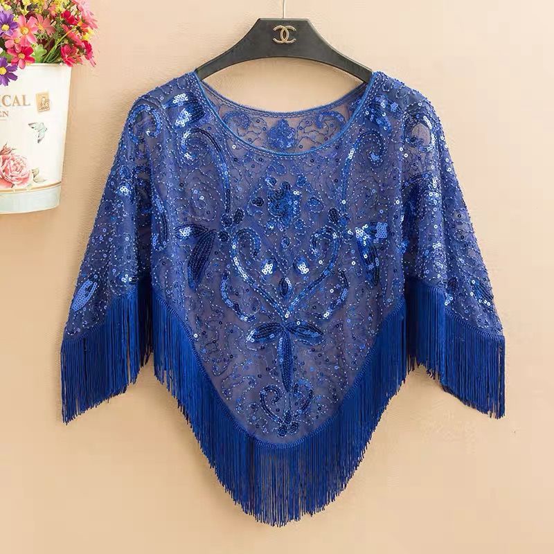 Bộ đầu rộng kích thước lớn dơi áo sơ mi bìa khăn choàng tua rua top ren áo choàng sequin chống nắng thêu váy