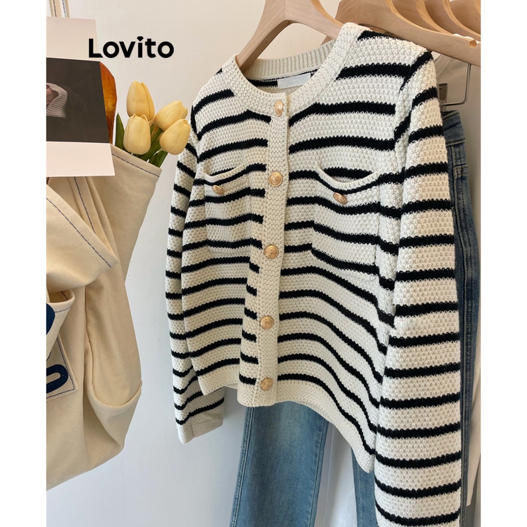 Áo cardigan Lovito cài nút trước kẻ sọc thường ngày cho nữ LNE19159 Nhiều màu